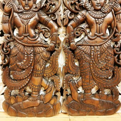 Dancing Apsara Holding Lotus Wood Carving Panel Pair