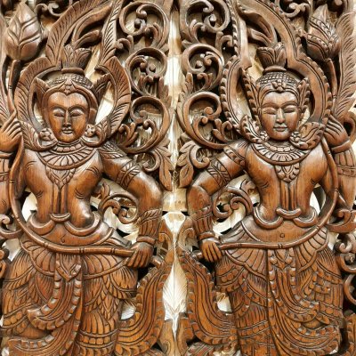 Dancing Apsara Holding Lotus Wood Carving Panel Pair