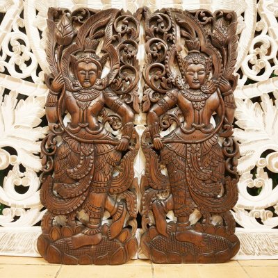 Dancing Apsara Holding Lotus Wood Carving Panel Pair