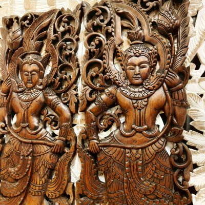 Dancing Apsara Holding Lotus Wood Carving Panel Pair