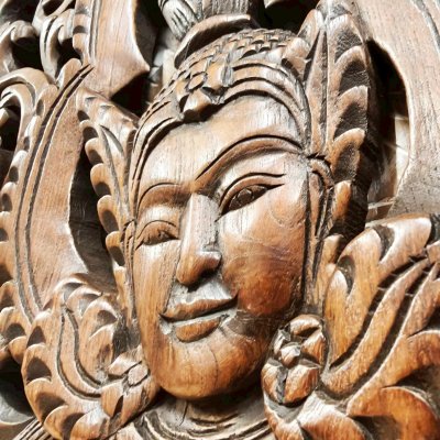 Dancing Apsara Holding Lotus Wood Carving Panel Pair