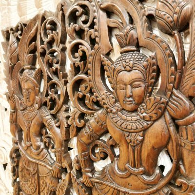 Dancing Apsara Holding Lotus Wood Carving Panel Pair