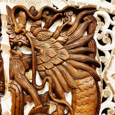 Hand-Carved Chamcha Wood Dragon Pair Wall Panel - 120cm