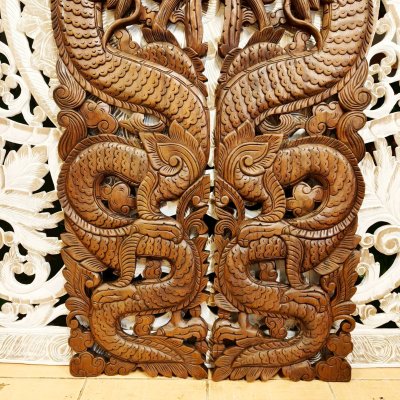 Hand-Carved Chamcha Wood Dragon Pair Wall Panel - 120cm