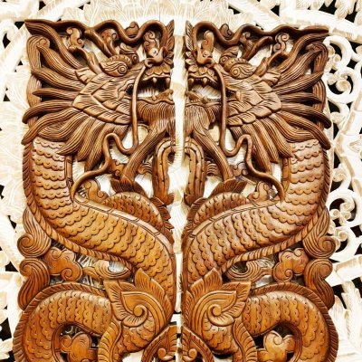 Hand-Carved Chamcha Wood Dragon Pair Wall Panel - 120cm