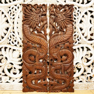 Hand-Carved Chamcha Wood Dragon Pair Wall Panel - 120cm
