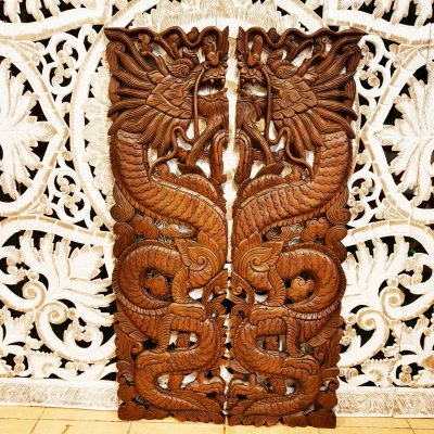 Hand-Carved Chamcha Wood Dragon Pair Wall Panel - 120cm
