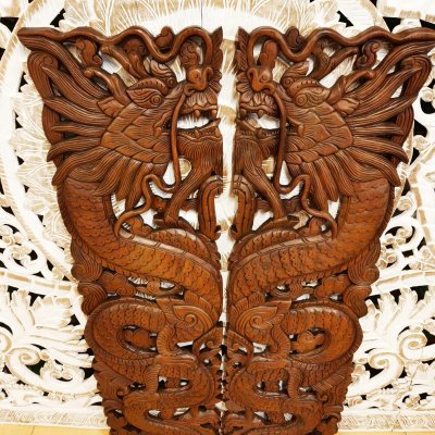 Hand-Carved Chamcha Wood Dragon Pair Wall Panel - 120cm