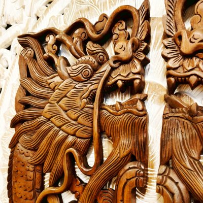 Hand-Carved Chamcha Wood Dragon Pair Wall Panel - 120cm