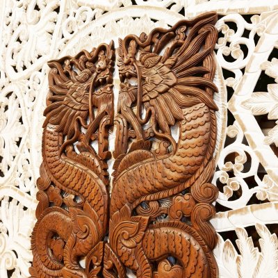 Hand-Carved Chamcha Wood Dragon Pair Wall Panel - 120cm