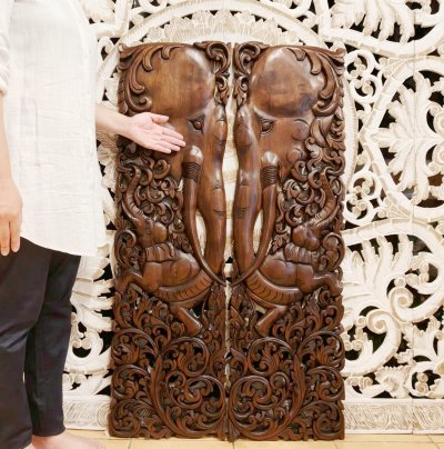 Large Chamcha Wood Elephant Family Wall Panel - 120cm Hand-Carved