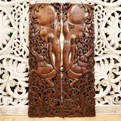Large Chamcha Wood Elephant Family Wall Panel - 120cm Hand-Carved