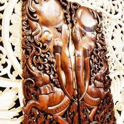Large Chamcha Wood Elephant Family Wall Panel - 120cm Hand-Carved