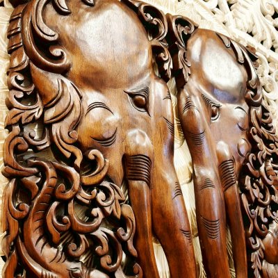 Large Chamcha Wood Elephant Family Wall Panel - 120cm Hand-Carved
