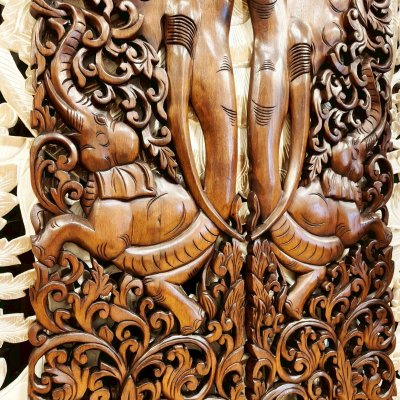 Large Chamcha Wood Elephant Family Wall Panel - 120cm Hand-Carved