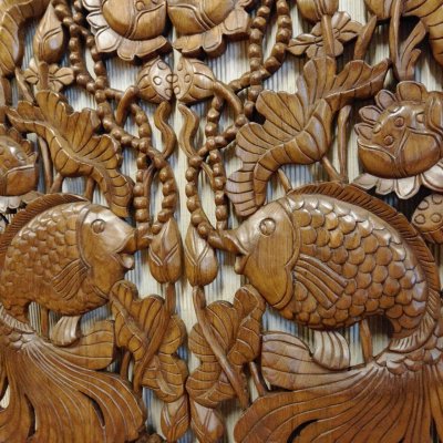 Hand Carved 3D Samanea Wood (Chumcha) Pair Fish in Lotus Pond Wall Panel (Set of 2)