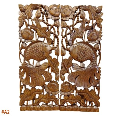 Hand Carved 3D Samanea Wood (Chumcha) Pair Fish in Lotus Pond Wall Panel (Set of 2)
