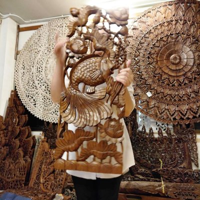 Hand Carved 3D Samanea Wood (Chumcha) Pair Fish in Lotus Pond Wall Panel (Set of 2)