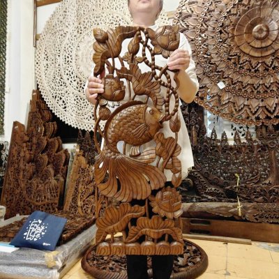 Hand Carved 3D Samanea Wood (Chumcha) Pair Fish in Lotus Pond Wall Panel (Set of 2)