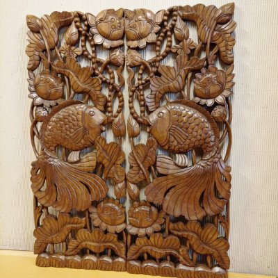 Hand Carved 3D Samanea Wood (Chumcha) Pair Fish in Lotus Pond Wall Panel (Set of 2)