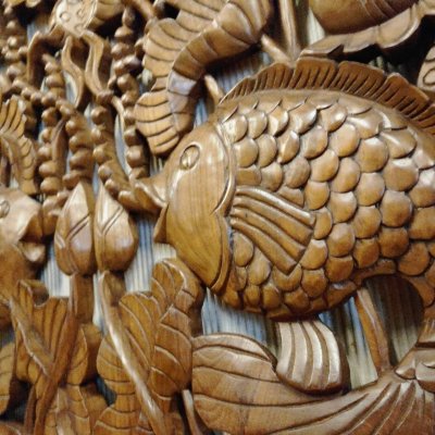 Hand Carved 3D Samanea Wood (Chumcha) Pair Fish in Lotus Pond Wall Panel (Set of 2)