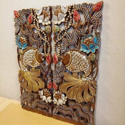 Hand Carved 3D Samanea Wood (Chumcha) Pair Fish in Lotus Panel with Mosaic Inlay (Set of 2)