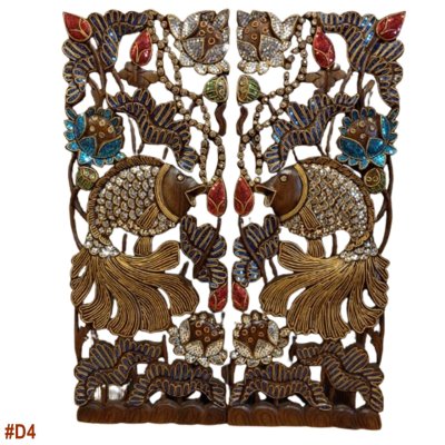 Hand Carved 3D Samanea Wood (Chumcha) Pair Fish in Lotus Panel with Mosaic Inlay (Set of 2)