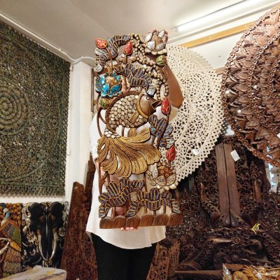 Hand Carved 3D Samanea Wood (Chumcha) Pair Fish in Lotus Panel with Mosaic Inlay (Set of 2)