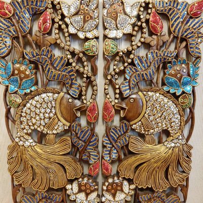 Hand Carved 3D Samanea Wood (Chumcha) Pair Fish in Lotus Panel with Mosaic Inlay (Set of 2)