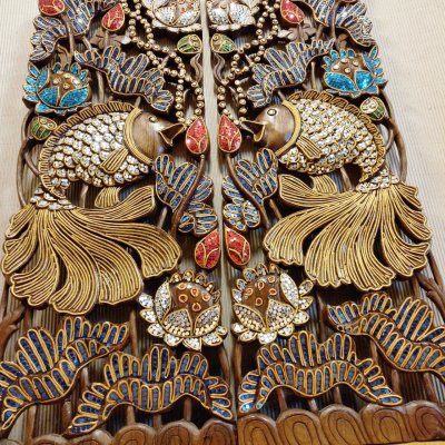 Hand Carved 3D Samanea Wood (Chumcha) Pair Fish in Lotus Panel with Mosaic Inlay (Set of 2)