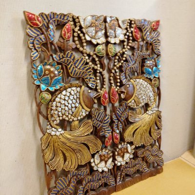 Hand Carved 3D Samanea Wood (Chumcha) Pair Fish in Lotus Panel with Mosaic Inlay (Set of 2)