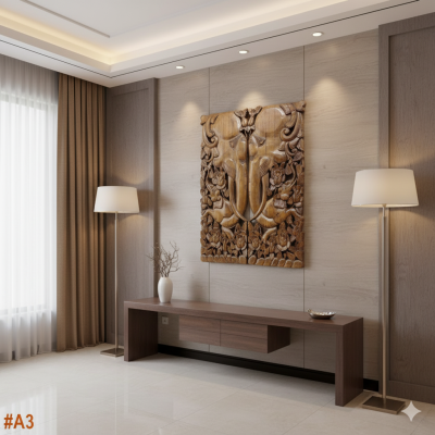 Set of 2: Lanna Hand-Carved Elephant Mother & Child Panels 14x36"