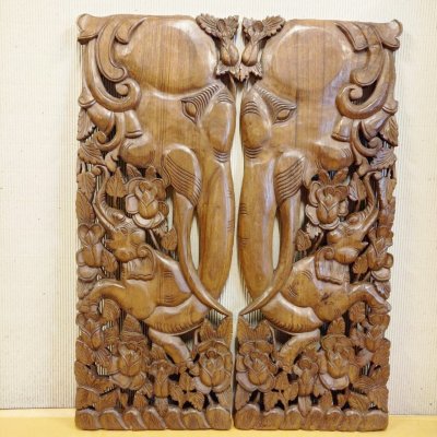 Set of 2: Lanna Hand-Carved Elephant Mother & Child Panels 14x36"