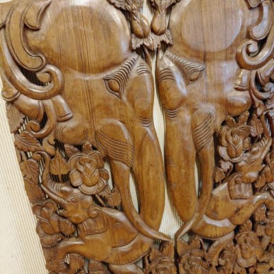 Set of 2: Lanna Hand-Carved Elephant Mother & Child Panels 14x36"
