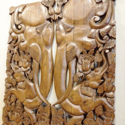 Set of 2: Lanna Hand-Carved Elephant Mother & Child Panels 14x36"