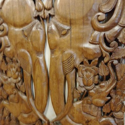 Set of 2: Lanna Hand-Carved Elephant Mother & Child Panels 14x36"