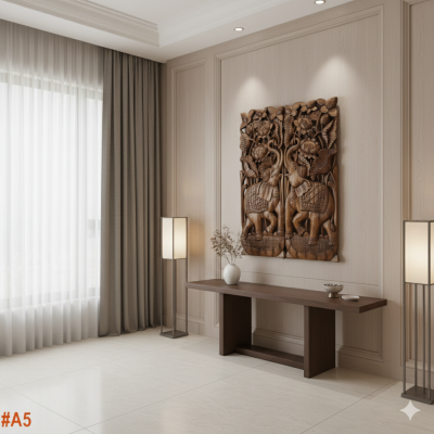 Set of 2: Lanna Hand-Carved Elephant & Lotus Wood Panels 14x36"