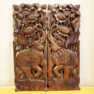 Set of 2: Lanna Hand-Carved Elephant & Lotus Wood Panels 14x36"