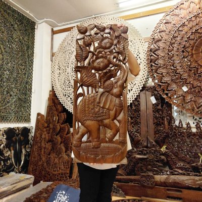 Set of 2: Lanna Hand-Carved Elephant & Lotus Wood Panels 14x36"