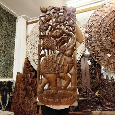 Set of 2: Lanna Hand-Carved Elephant & Lotus Wood Panels 14x36"