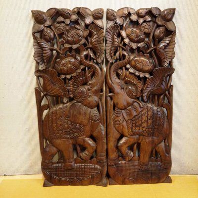 Set of 2: Lanna Hand-Carved Elephant & Lotus Wood Panels 14x36"