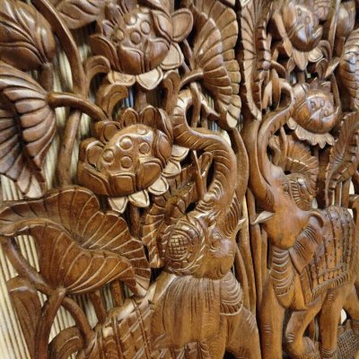 Set of 2: Lanna Hand-Carved Elephant & Lotus Wood Panels 14x36"