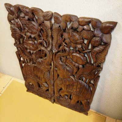 Set of 2: Lanna Hand-Carved Elephant & Lotus Wood Panels 14x36"