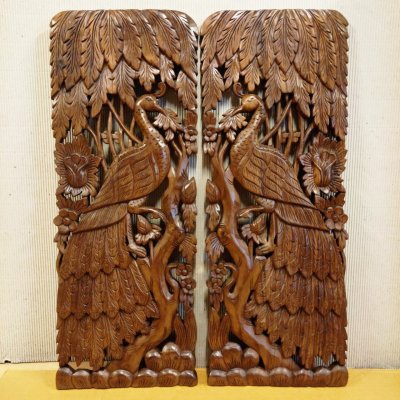 Hand Carved 3D Samanea Wood (Chumcha) Pair Peacock Wall Panel (Set of 2)