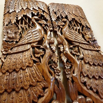 Hand Carved 3D Samanea Wood (Chumcha) Pair Peacock Wall Panel (Set of 2)