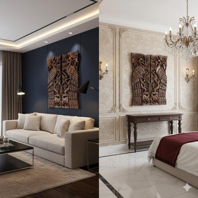 Hand-Carved Lanna Twin Peacock and Deer Wood Wall Art (Natural Tone)