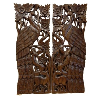 Hand-Carved Lanna Twin Peacock and Deer Wood Wall Art (Natural Tone)