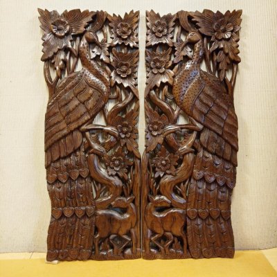 Hand-Carved Lanna Twin Peacock and Deer Wood Wall Art (Natural Tone)