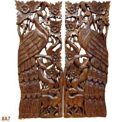 Hand-Carved Lanna Twin Peacock and Deer Wood Wall Art (Natural Tone)