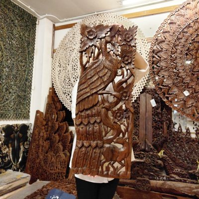 Hand-Carved Lanna Twin Peacock and Deer Wood Wall Art (Natural Tone)